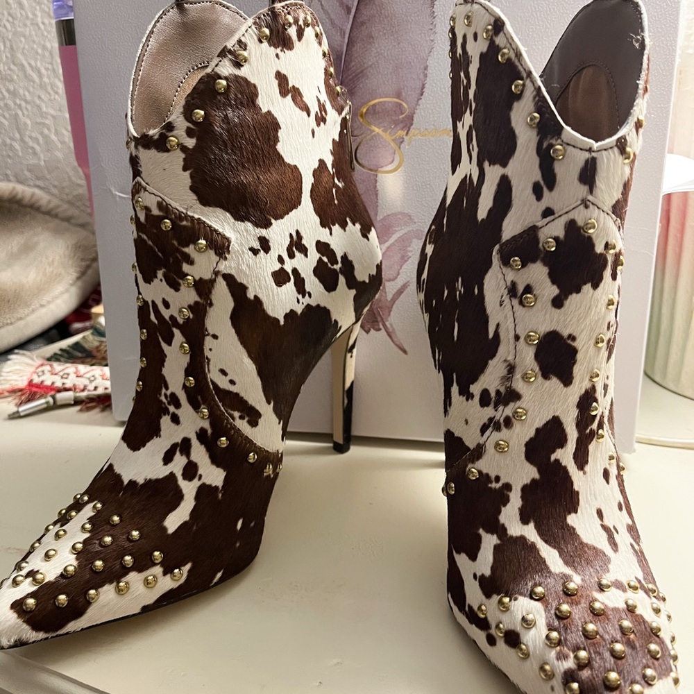 Brown and White Cowprint Studded Women's Ankle Boots